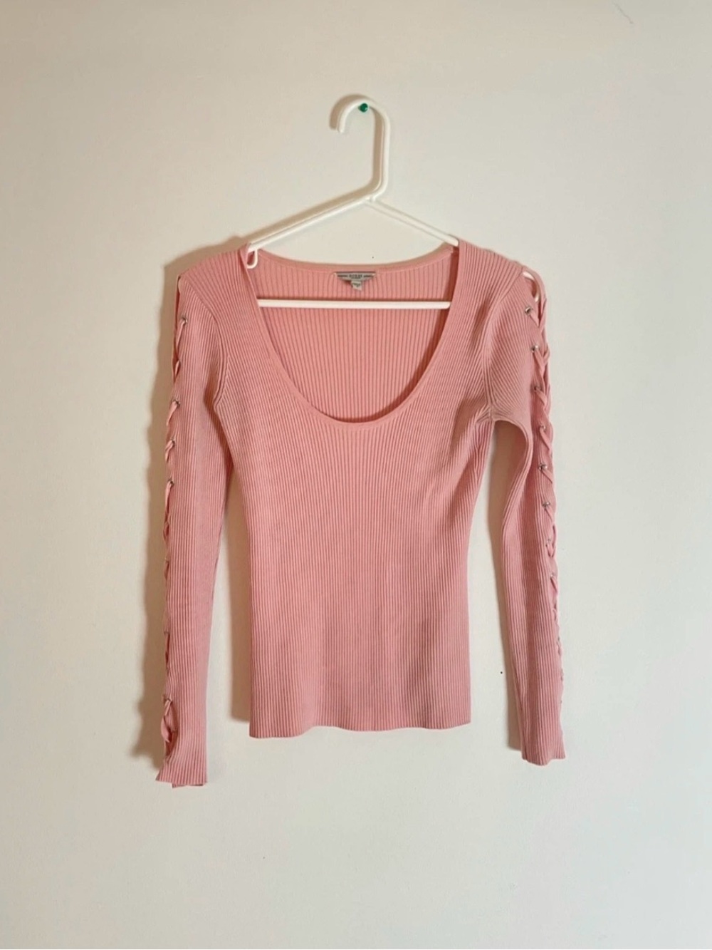 Guess Ribbed Scoop Neck Lace-Up Sleeve Top - Light Pink